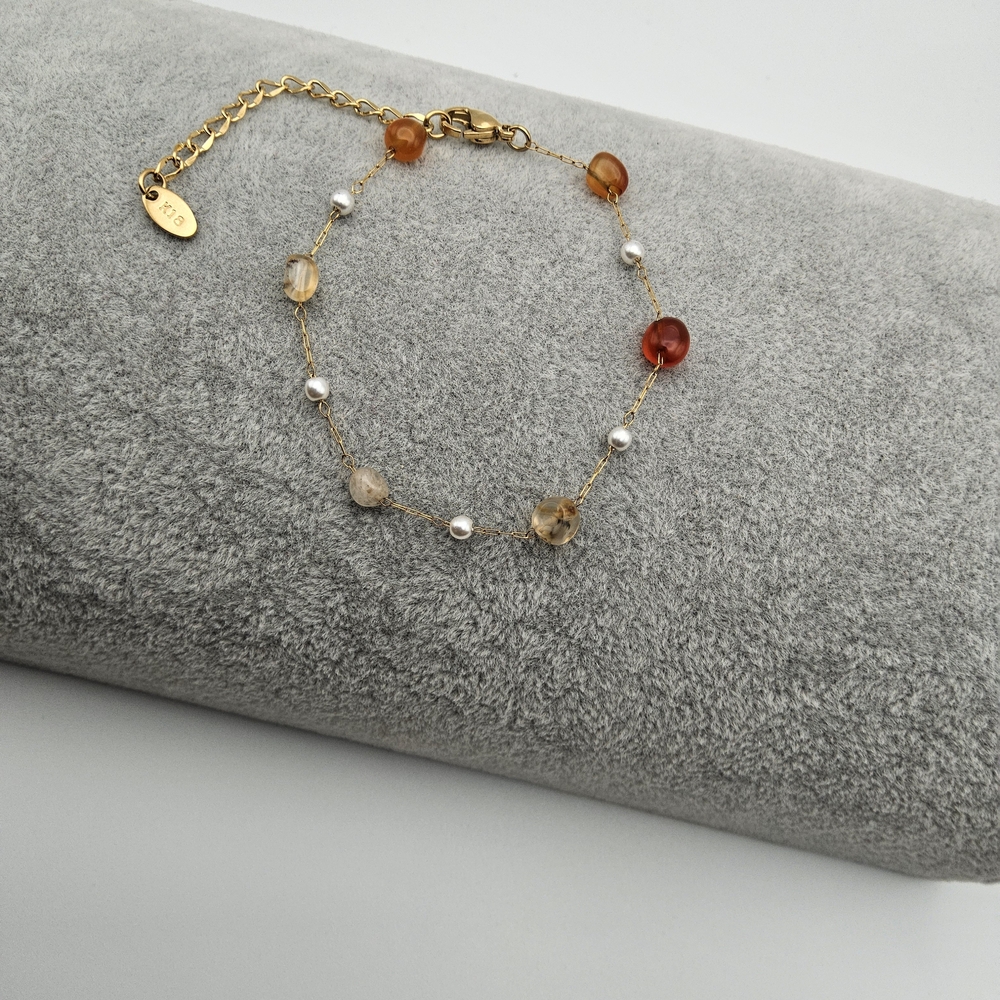 18k Gold Plated Stainless Steel, Faux Pearl Simulatyed Amber Chain Bracelet